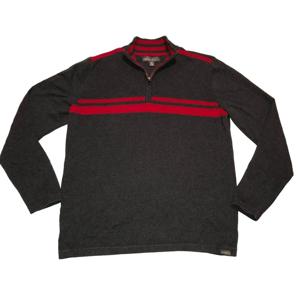 Eddie Bauer 1/4 Zip Sweater Size XLT Gray Red Mock Neck Long Sleeve 100% Cotton